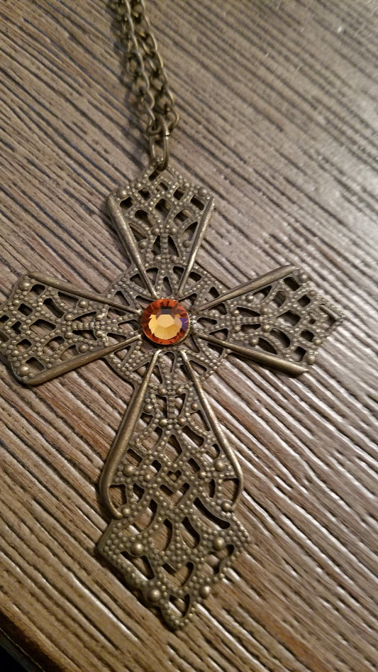 Filigree Cross with Amber Crystal Gem Necklace