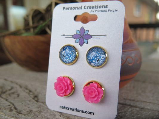 Blue and Pink Fun Stud Earrings - Set of 2