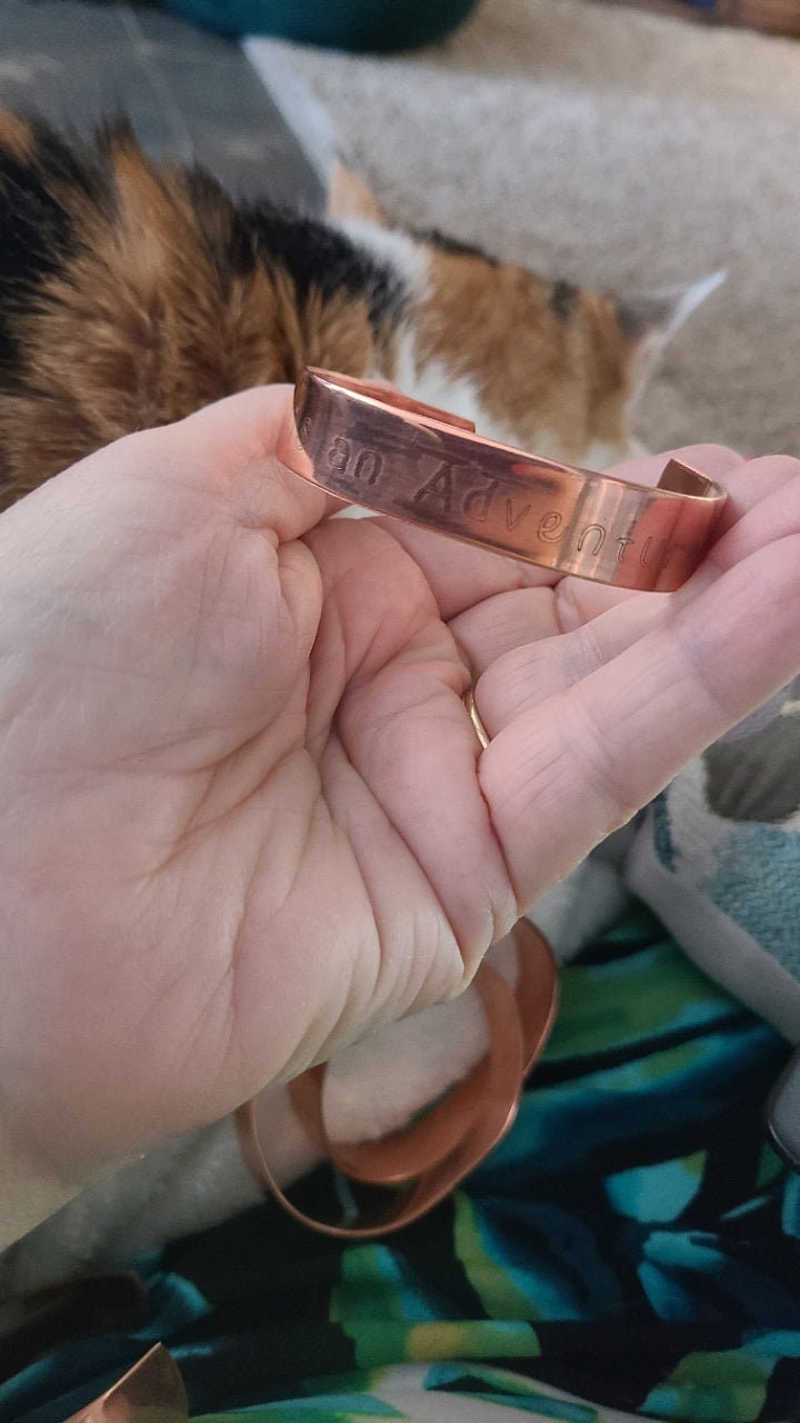 Handmade Copper Engraved Cuff Bracelet "Life Is An Adventure" Adjustable Fit