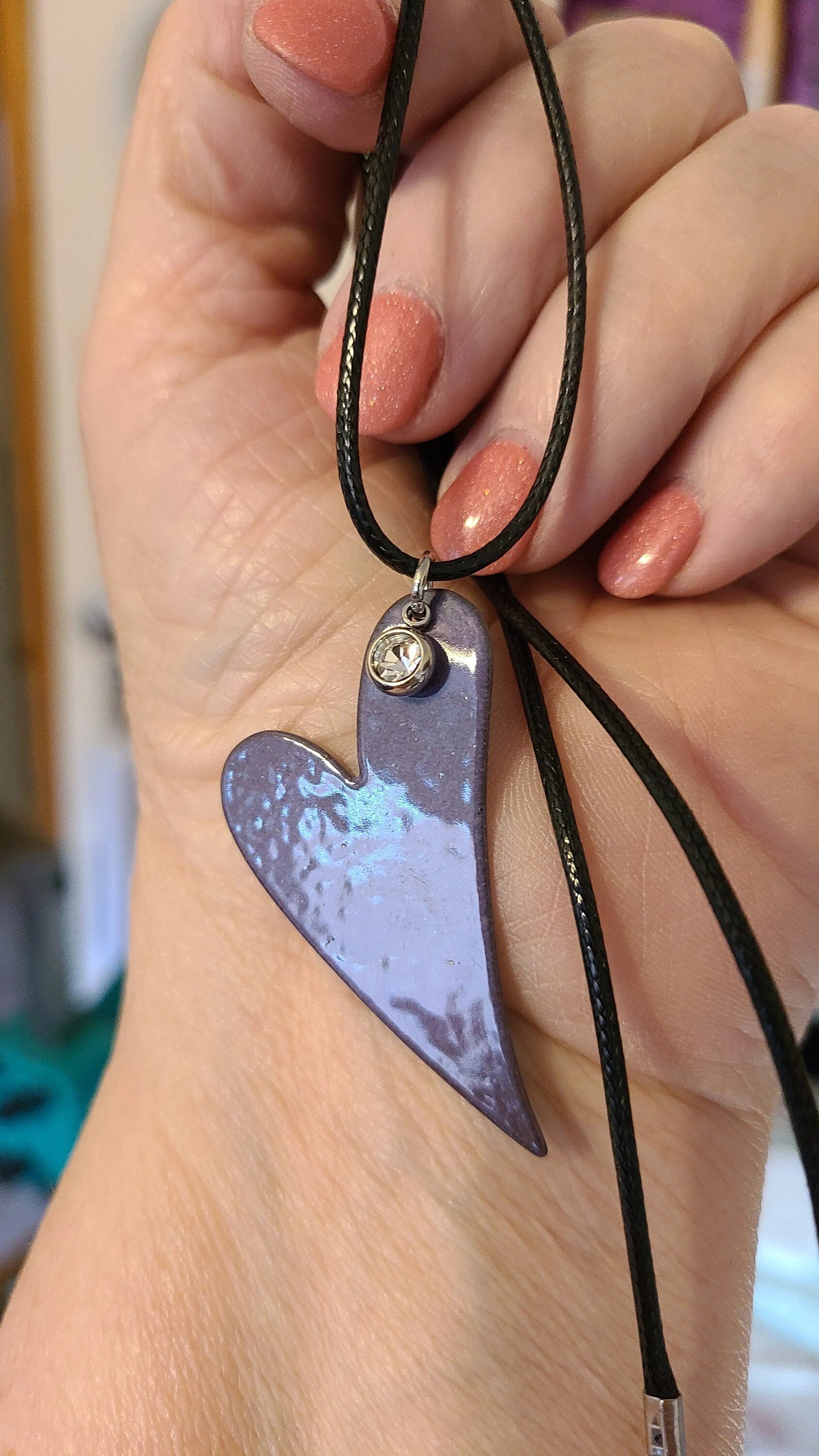 Handmade Enameled Whimsical Purple Heart Necklace