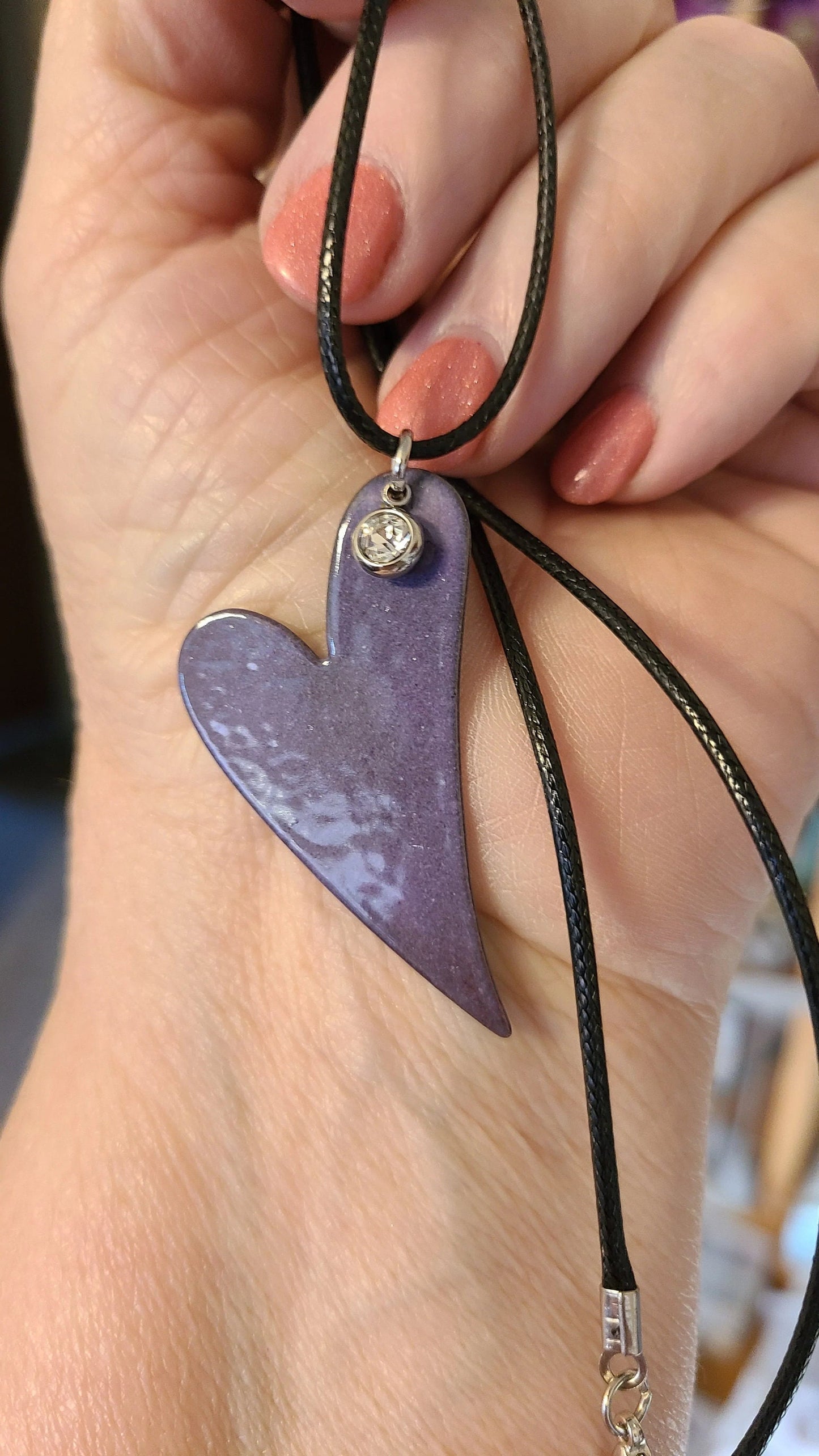 Handmade Enameled Whimsical Purple Heart Necklace