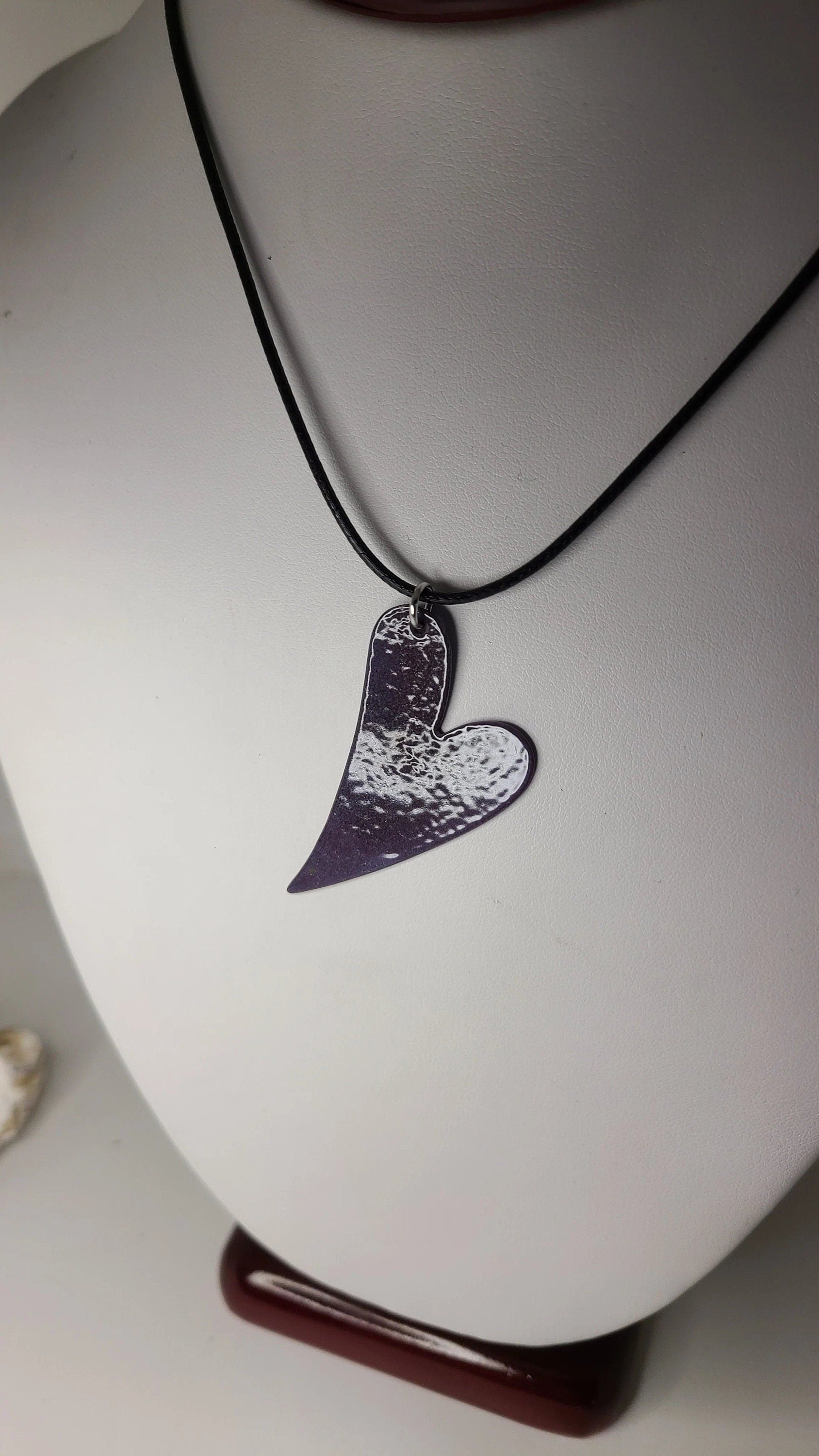 Handmade Enameled Whimsical Purple Heart Necklace