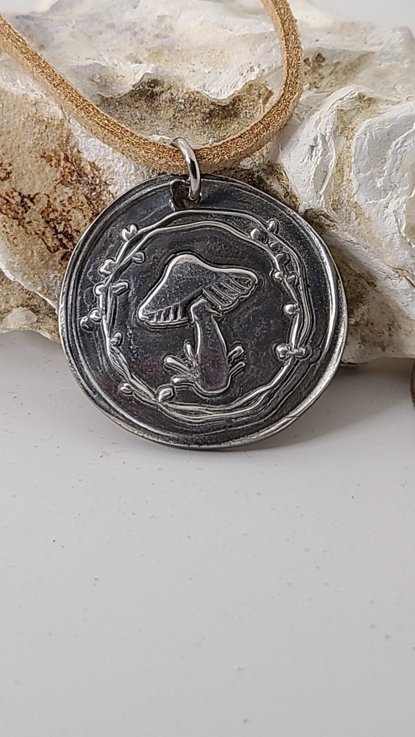 Handmade Silver Medallion Necklace Mushroom Design Great Gift Made in USA