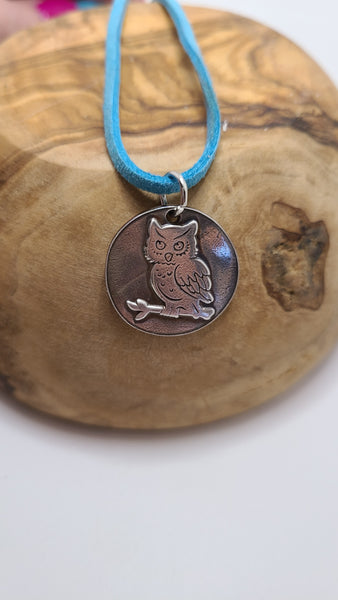 Handmade Pure Silver Owl Necklace Blue Suede Cord Great Gift Made in USA