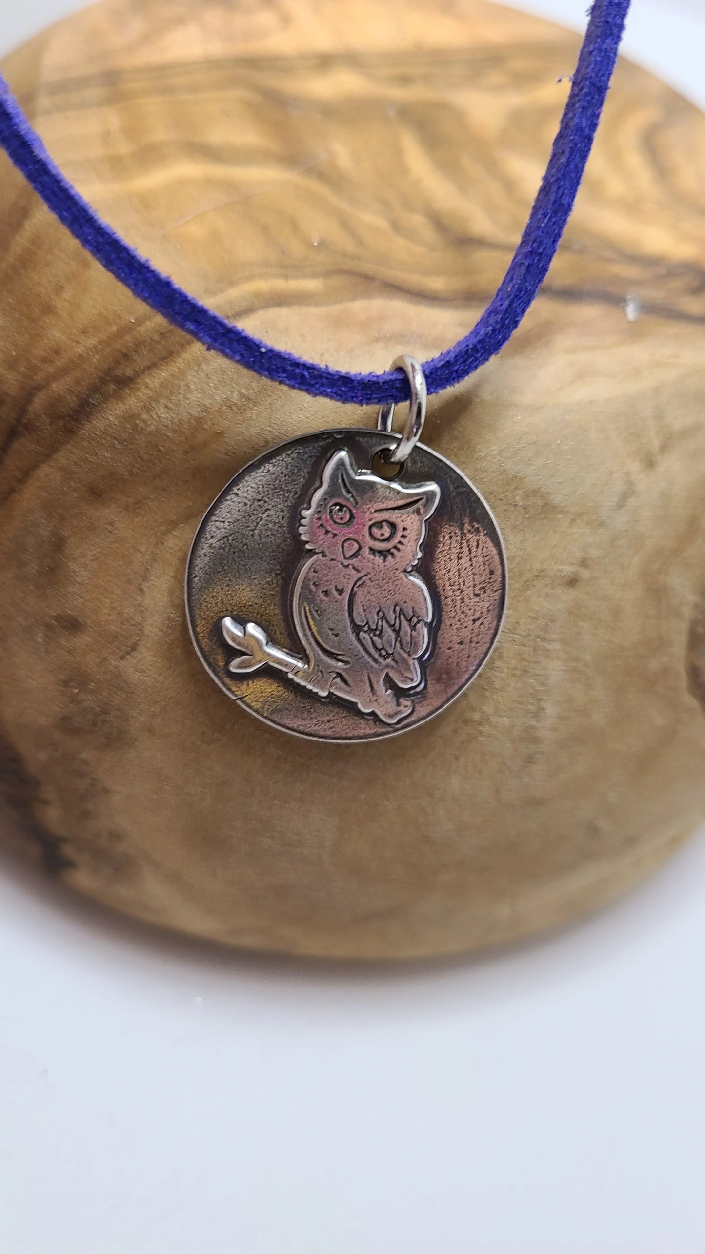 Handmade Pure Silver Owl Necklace Purple Suede Cord Great Gift Made in USA