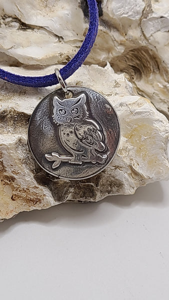 Handmade Pure Silver Owl Necklace Purple Suede Cord Great Gift Made in USA