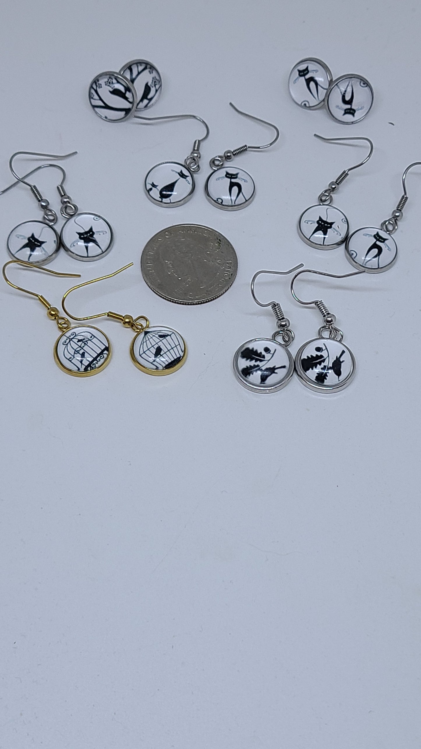 Handmade Whimsical Cats and Birds Earrings