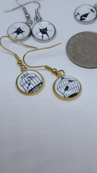 Handmade Whimsical Cats and Birds Earrings