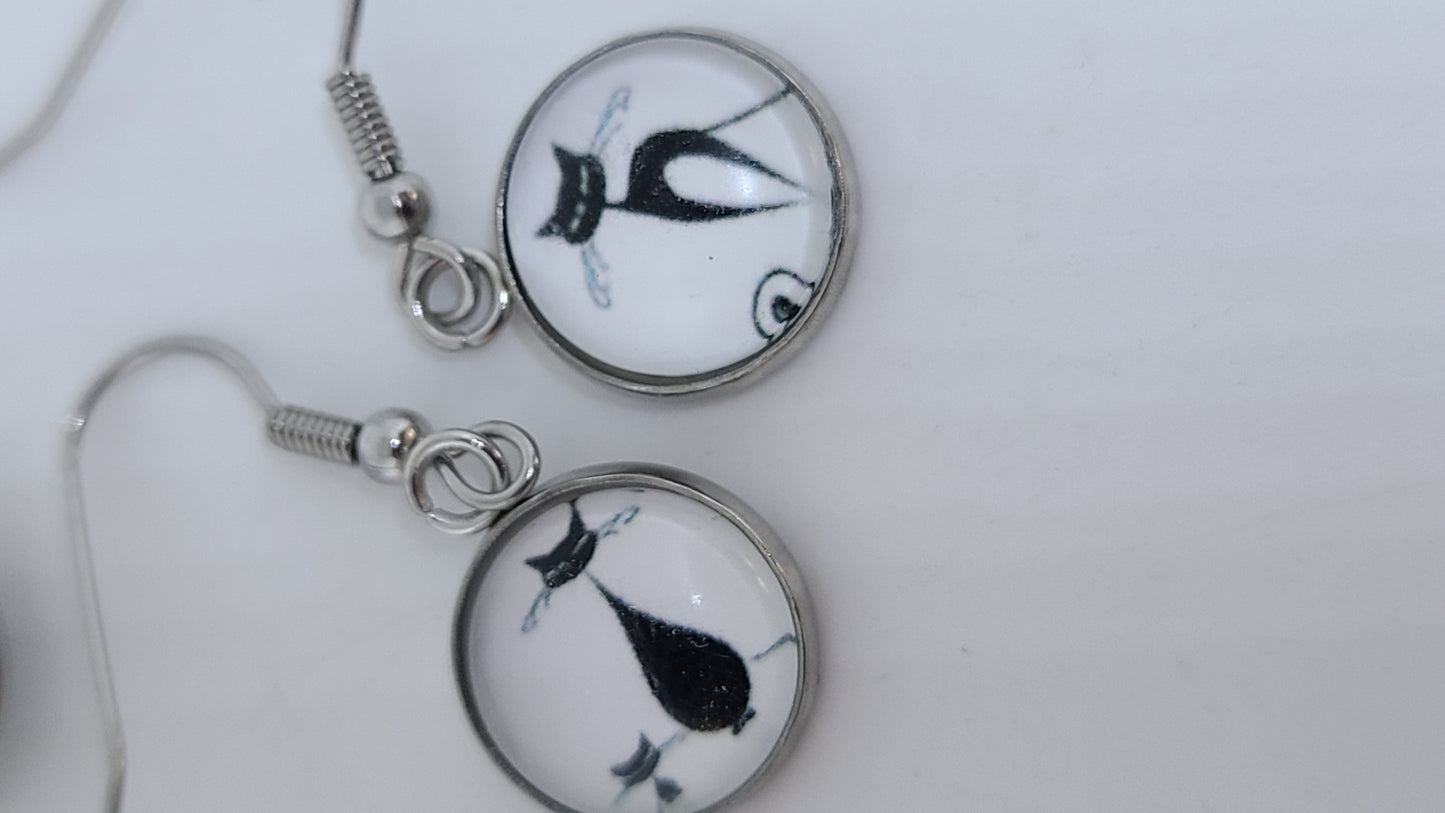 Handmade Whimsical Cats and Birds Earrings