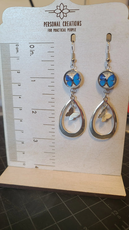 New Moon and Drop Platinum Tone Earrings with 12mm Glass Cabochon