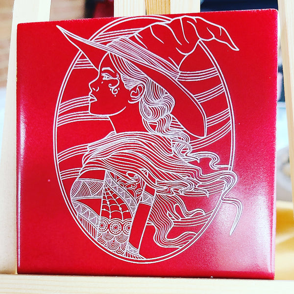 Tile Lasered Coasters Red with Witch
