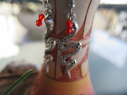 Handmade Snake and Red Gem Earrings