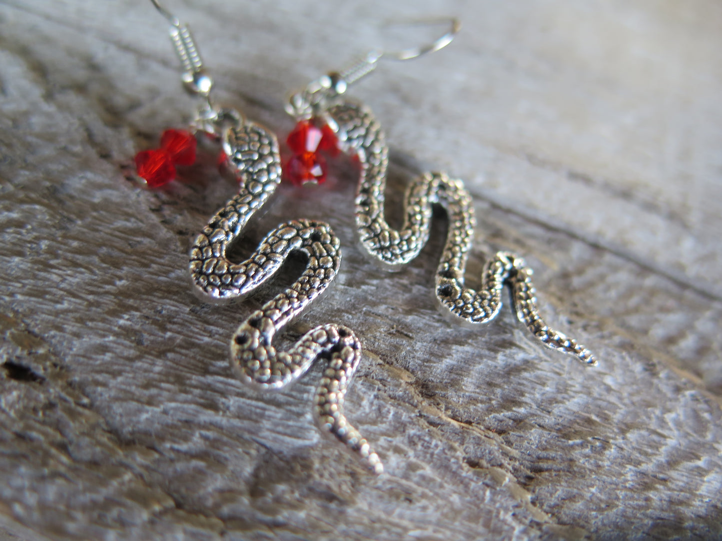 Handmade Snake and Red Gem Earrings