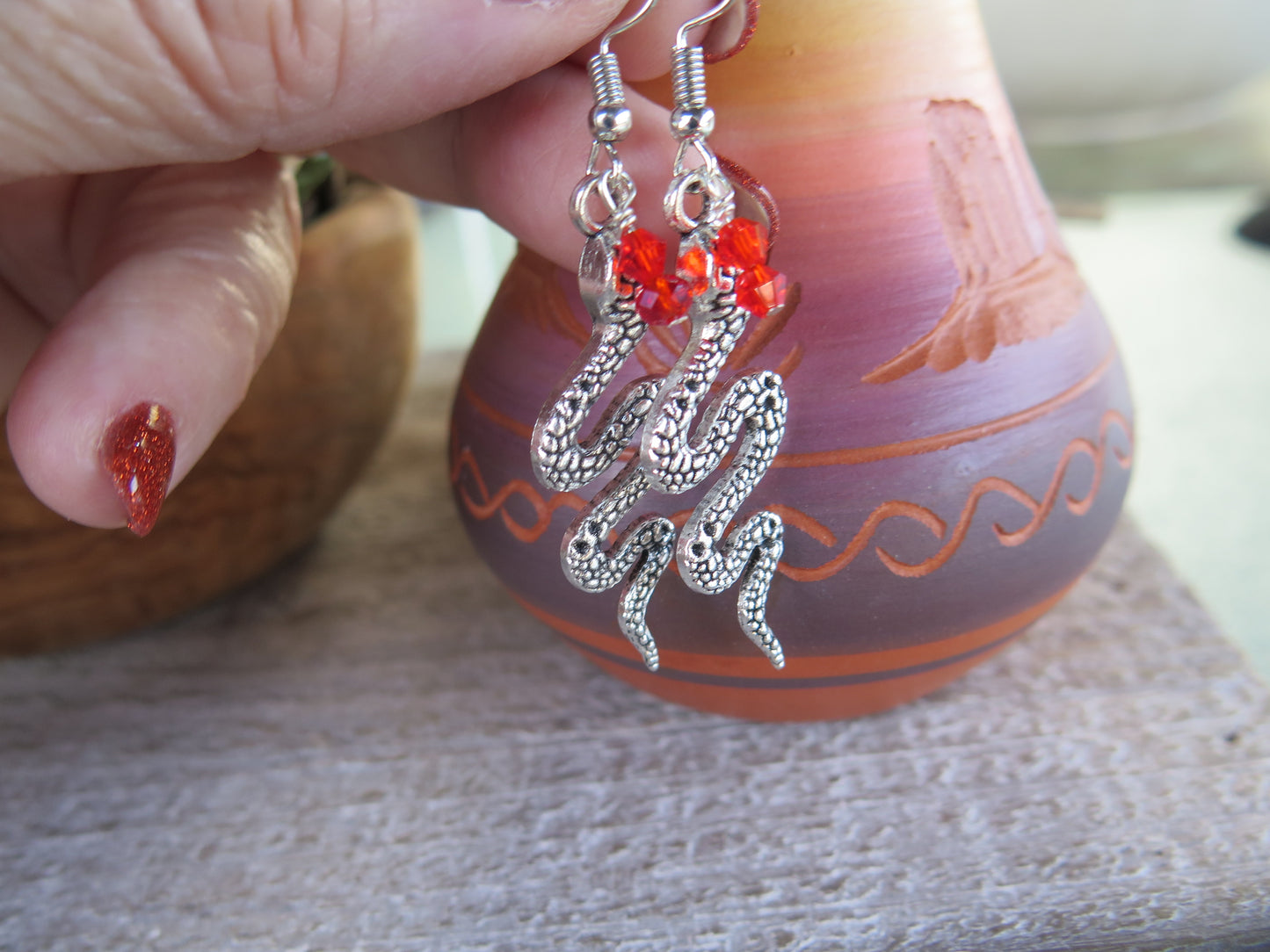 Handmade Snake and Red Gem Earrings