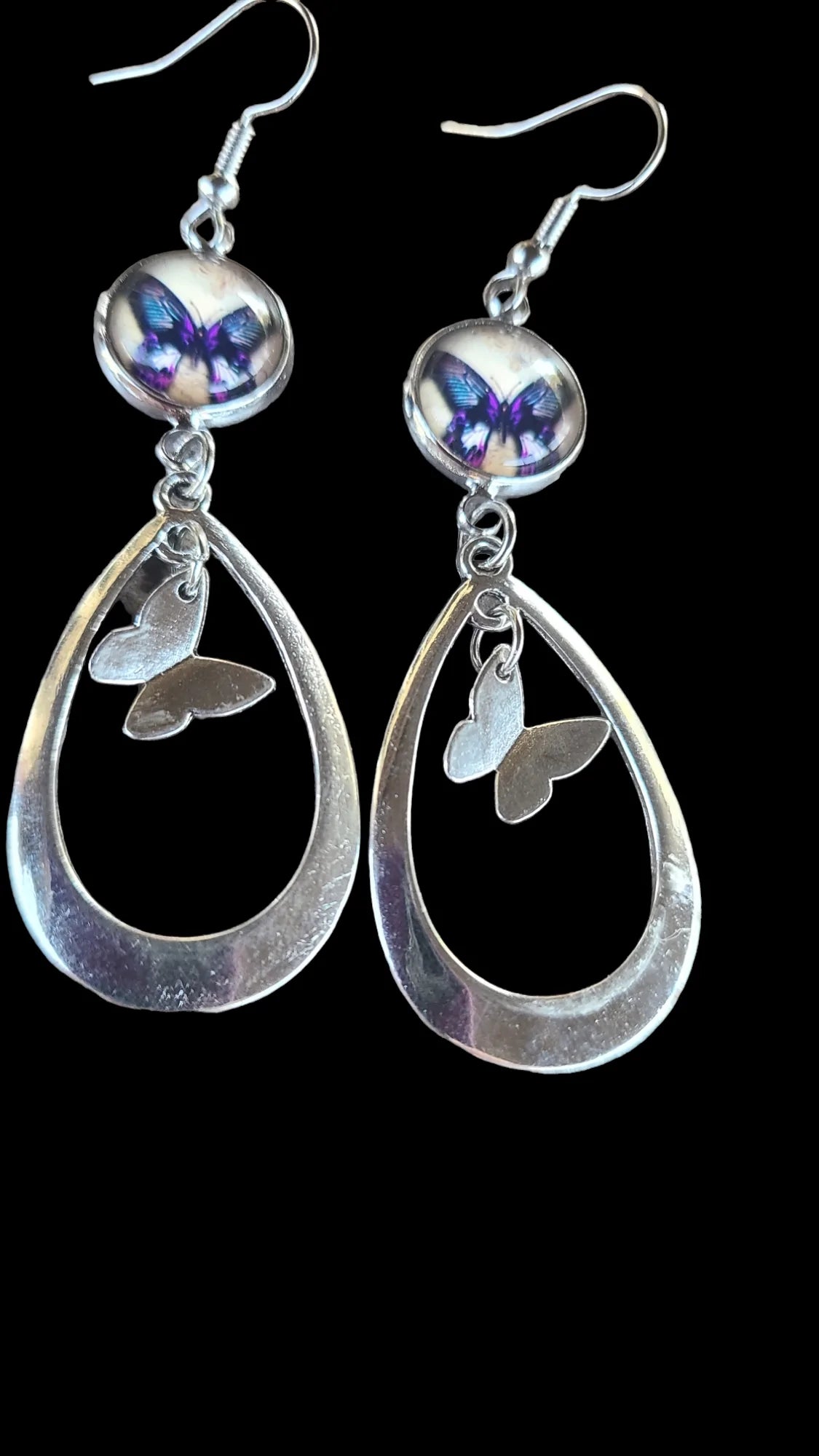 New Moon and Drop Platinum Tone Earrings with 12mm Glass Cabochon