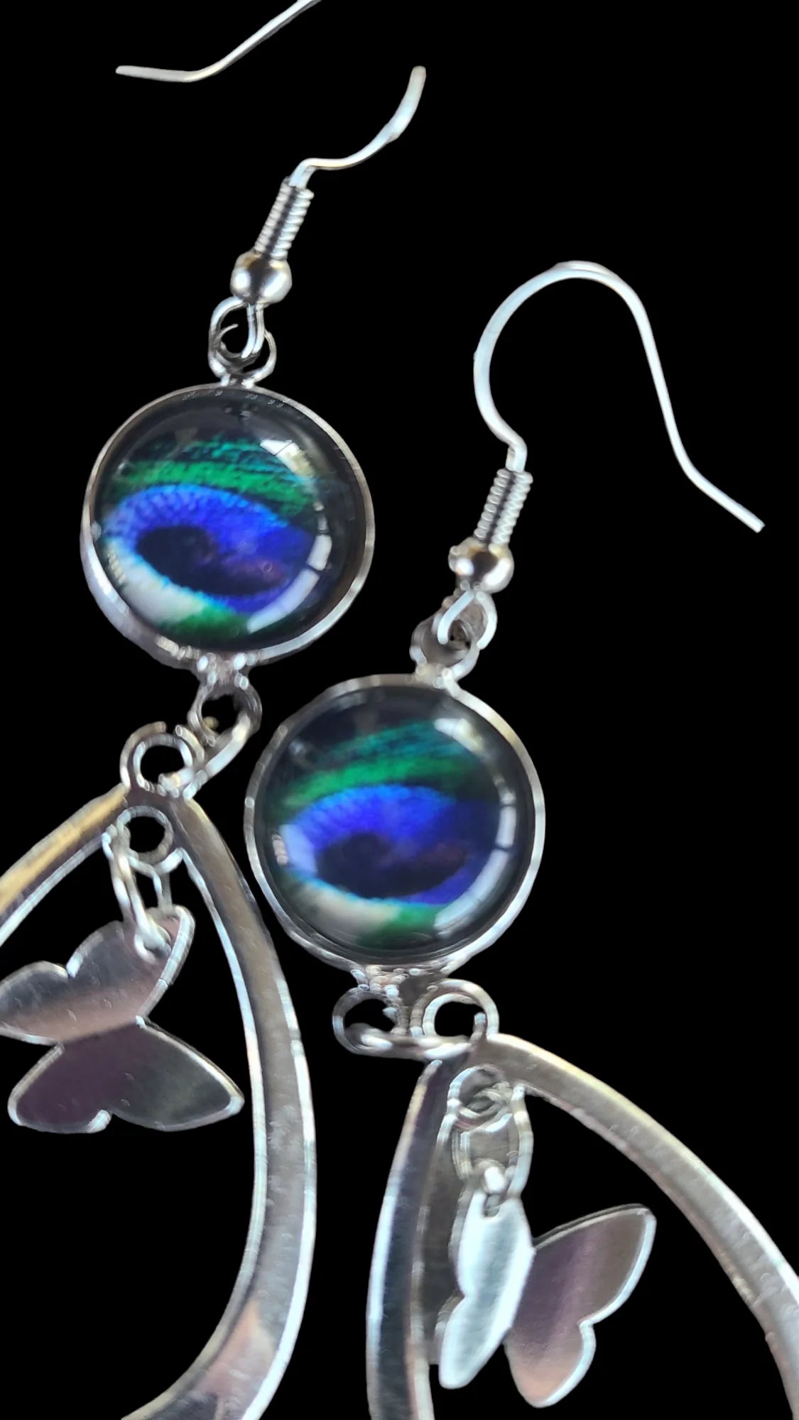 New Moon and Drop Platinum Tone Earrings with 12mm Glass Cabochon