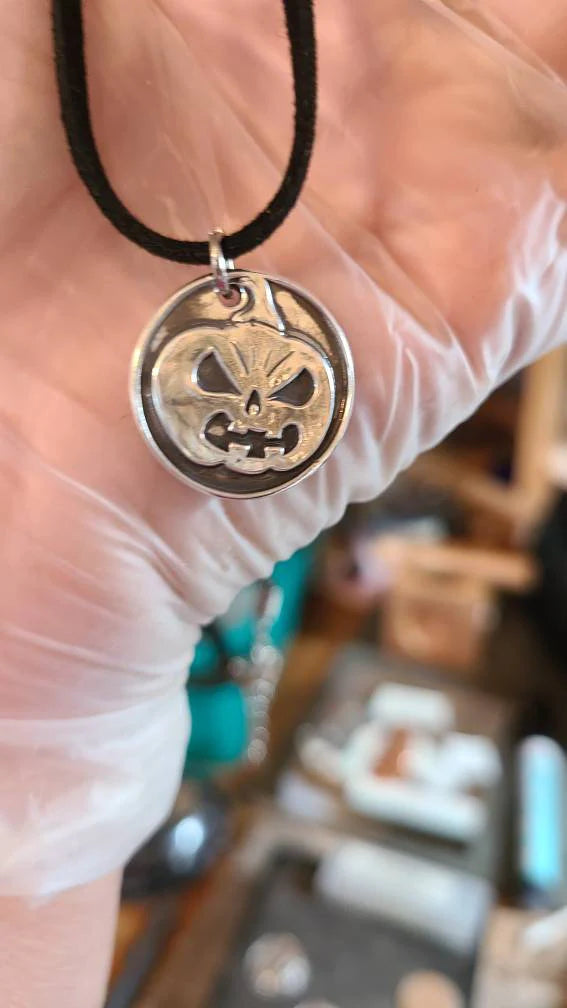 Handmade Fine Silver Jack O Lantern Necklace